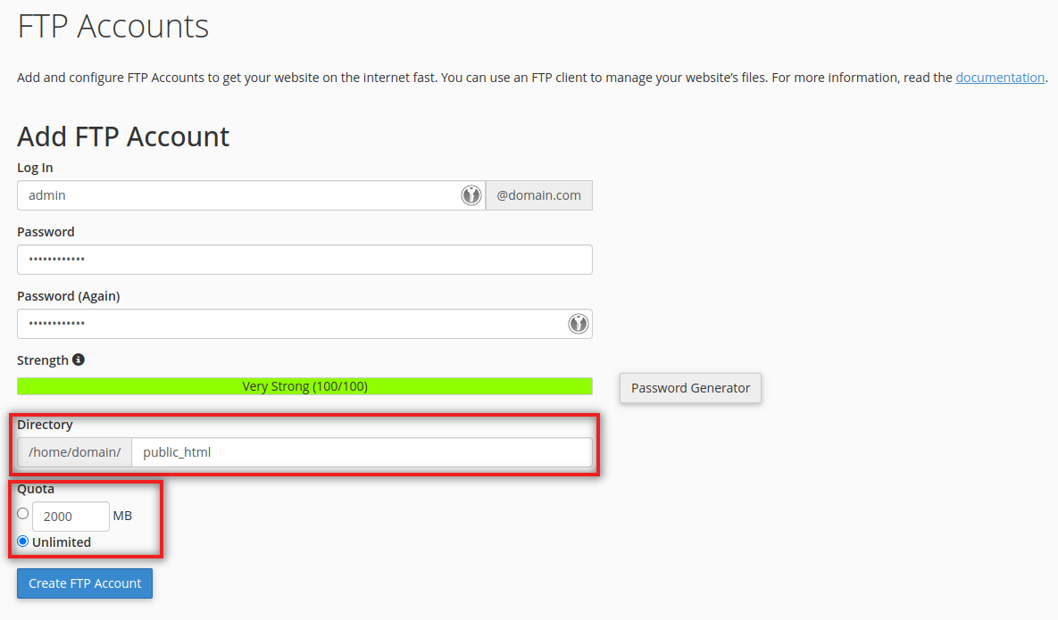 Formular pentru crearea unui cont FTP suplimentar