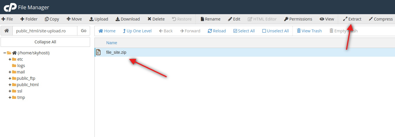Extracție fișier în cPanel