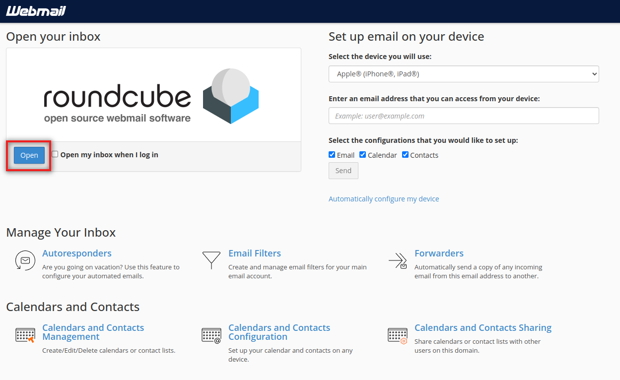 Interfața Webmail RoundCube